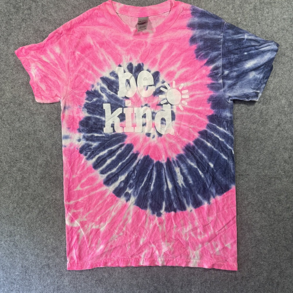 Gildan Be Kind Graphic Tee Small Pink Navy Blue Tie Dye Heavy Cotton
